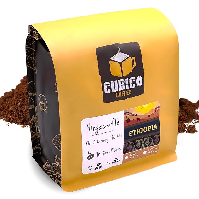 Ethiopian Yirgacheffe Coffee, Ground Coffee, Premium Ethiopia Yirgacheffe Single Origin Fresh Roasted Ground Coffee | Cubico Coffee | 12 Ounce Bag