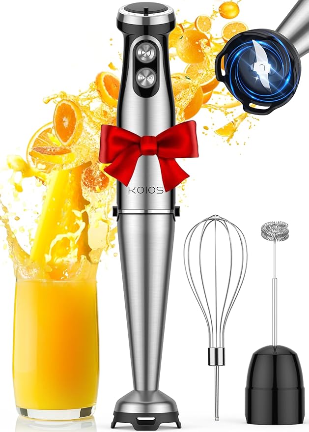 KOIOS Immersion Blender, 1000W Anti-scratch 3-in-1 Hand Blender, Upgraded 12 Speed Stainless Steel Blade Stick Blender with Turbo Mode, Whisk and Milk Frother, Non-BPA, Black