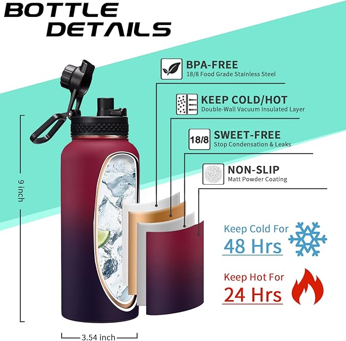32OZ Insulated Water Bottle with Straw - Spout Lid, Sweat-Proof & BPA-Free Metal Reusable Water Bottles, Wide-Mouth Vacuum Insulated Bottle with Paracord Handle, Bottle Sleeve Bag & Protective Boot