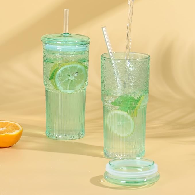 20 OZ Glass Cup with Lids and Glass Straws, High Borosilicate Iced Coffee Glass Tumblers with Lid and Straw for Drinks, 2pcs Reusable Wide Mouth Smoothie Cup(Cyan)