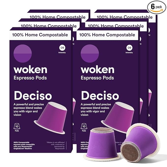 WOKEN COFFEE Compostable Nespresso Pods - Deciso Dark Roast Italian Espresso Coffee Capsules Compatible With Nespresso Coffee Machine (60 Pod Count, 6 Boxes)