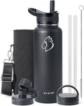 BUZIO 40 oz Water Bottle Insulated with Straw & 3 lid and Carrying Pouch, Leak Proof Anti-Slip Stainless Steel Water Flask Jug, Cold for 48 Hrs Double Vacuum Thermo Canteen, BPA-Free, Black