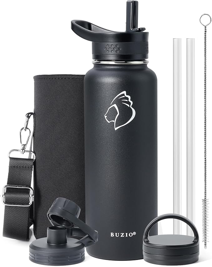 BUZIO 40 oz Water Bottle Insulated with Straw & 3 lid and Carrying Pouch, Leak Proof Anti-Slip Stainless Steel Water Flask Jug, Cold for 48 Hrs Double Vacuum Thermo Canteen, BPA-Free, Black