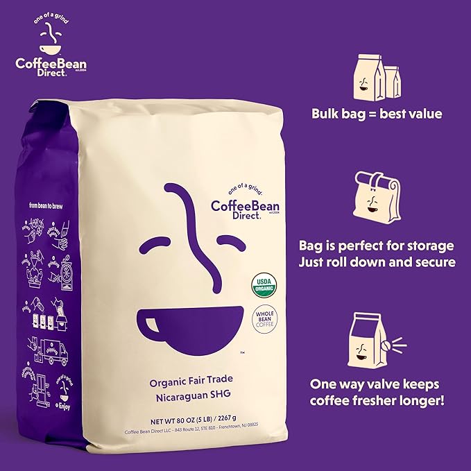 Coffee Bean Direct Organic Fair Trade Nicaraguan SHG, Whole Bean Coffee, Light Roast, 5 Pound Bag (Pack of 1)