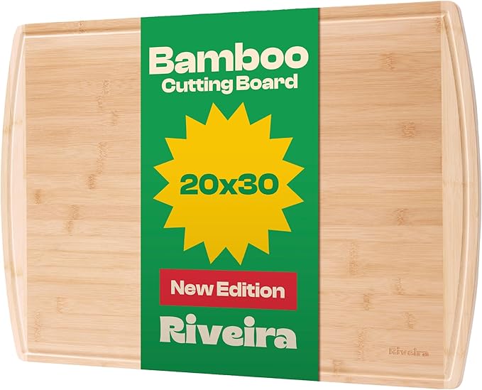 Riveira Two Tone Bamboo Wood Cutting Board – Gourmet Bamboo Grandeur: 20 x 30 Wooden Cutting Board – Wooden Cutting Boards For Kitchen Decorative – Innovative Juice Grooves Wooden Chopping Board