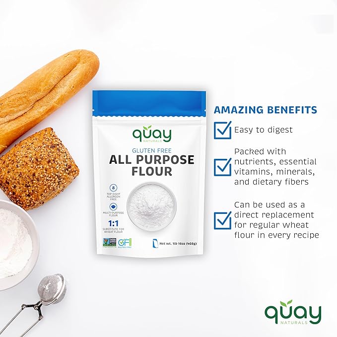 Quay Naturals Organic Gluten Free All Purpose Baking Flour - 2 lbs, No Grit, 1:1 Wheat Substitution, Dairy Free, Non-GMO, Kosher, Made in USA