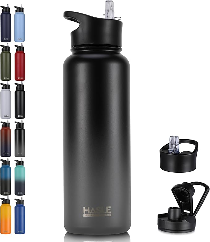 HASLE OUTFITTERS 40oz Stainless Steel Water Bottle, Vacuum Insulated Double Walled Leak Proof Sports Water Bottle with 2 Lids (Straw and Spout Lid) Thermo Mug Keep Cold and Hot(Black Gray Gradient,1)