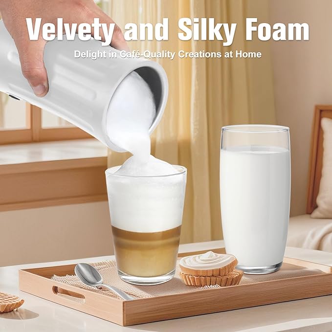 Electric Milk Frother, 4-in-1 Milk Steamer and Frother, 8.1oz/240ml Automatic Warm and Cold Foam Maker, Auto Shut-Off Frother for Coffee, Latte, Cappuccino, Macchiato(White)