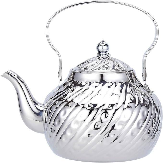SANQIAHOME 2000ml stainless steel antique style teapot,with Infuser, thickened boiling kettle, lifting handle,Silver
