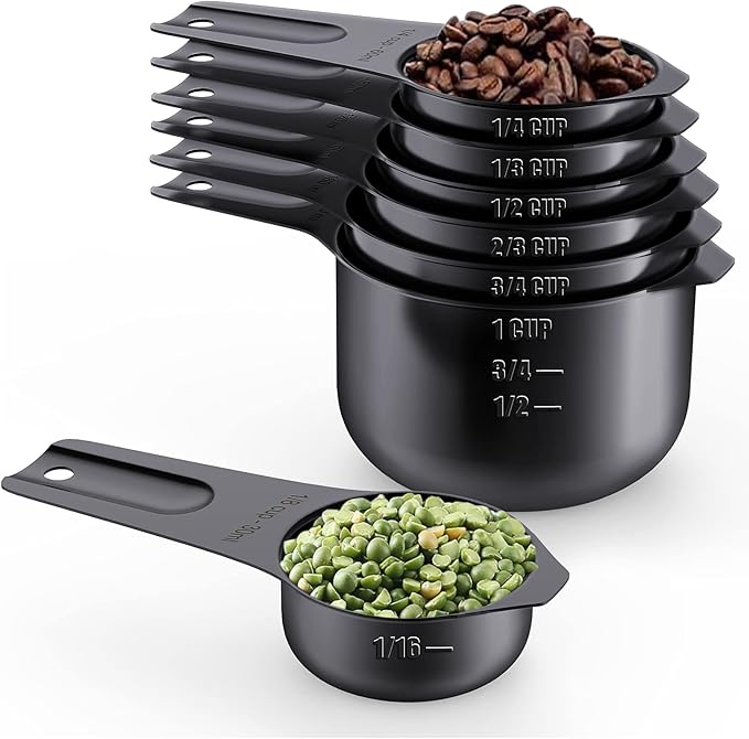 Stainless Steel Measuring Cups, Wildone Metal Measuring Cups Set with Easy to Read Markings for Measuring Dry or Liquid Ingredients, Set of 7 (Black)