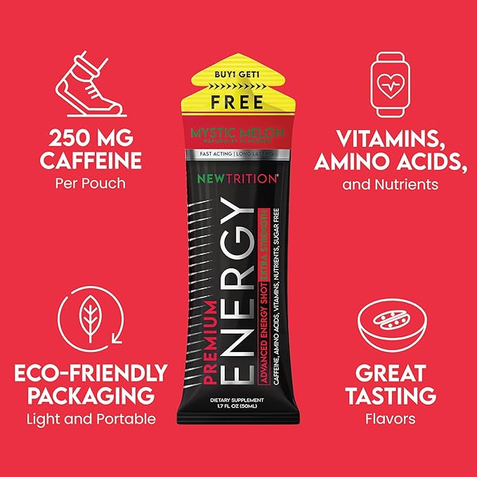 NewTrition® Extra Strength Energy Shots, 1.7 fl oz (Pack of 24, Mystic Melon flavor) - 250mg Caffeine with Vitamin B & Amino Acids, Sugar-Free, Zero Calorie Vitamin Energy Drink for Focus & Endurance