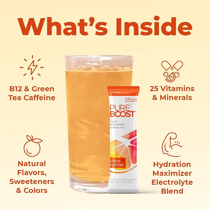 Pureboost Clean Energy Booster, Refreshing Energy Drink Mix with B12 Vitamins, Electrolytes, Antioxidants, Sugar-Free with No Sucralose (Citrus Sunrise, 30 Count)