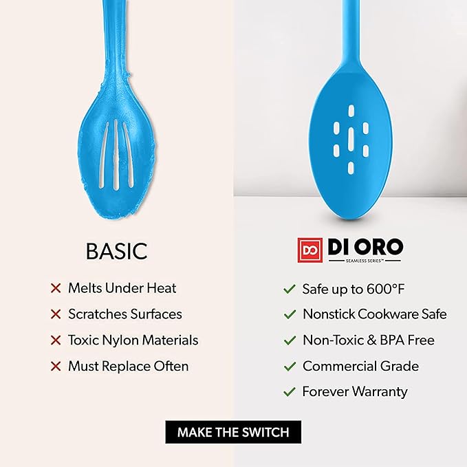 DI ORO Silicone Mixing & Serving Spoons - Large Heat-Resistant Non Stick Utensils Big Solid & Slotted Basting Spoons - Dishwasher Safe (2pc, Blue)