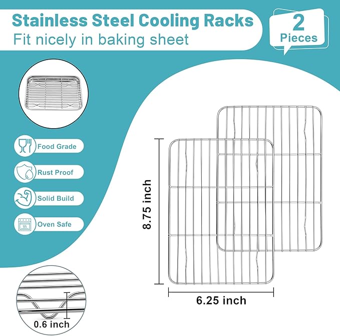 TeamFar Cooling Rack, 8.75” x 6.25” Stainless Steel Wire Baking Rack for Cooking Roasting Grilling, Fit for Oven Pan, Oven & Dishwasher Safe, Non-toxic & Heavy-Duty, 2PCS