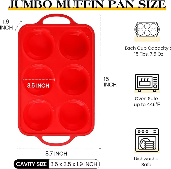 1 Pc Jumbo Muffin Pan with Metal Frame, Nonstick 6 Cup Extra Large Cupcake Pan for Baking, Silicone Deep Muffin Tray for Egg Bites (Red)