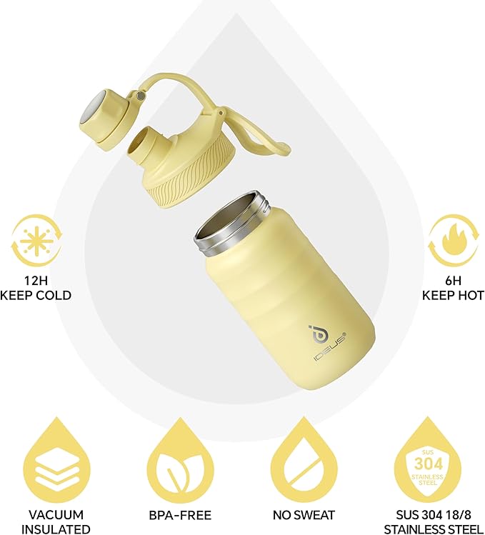 IDEUS Insulated Water Bottle 12oz, Stainless Steel Insulated Water Bottle For School, Insulated Bottles With Straws Leakproof, Vacuum Double Wall Water Bottles For Boys And Girls With 2 Lids, BPA Free