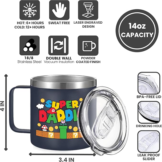 Gossby 14oz Super Daddio Travel Coffee Mug Tumbler - No. 1 Dad Nutrition Facts - Christmas, Fathers Day, Birthday Gift for Dad from Daughter Son Kid - Insulated Stainless Steel Cup with Handle