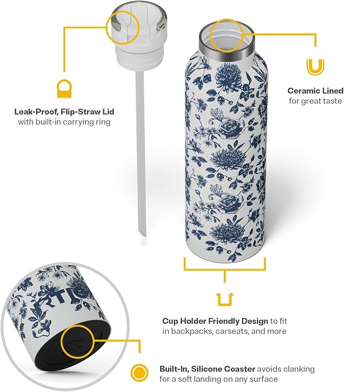 RTIC 20oz Journey Bottle Metal Stainless Steel Vacuum Insulated, BPA Free, Reusable, for Water, Hot and Cold Drinks, Travel, Sports, Camping, Blue Bouquet