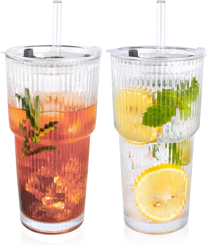 2PCS 20oz Glass Cups with Lids and Straws, Iced Coffee Cups with Lids, Stylish Ribbed Thick Drinking Glasses Tumbler for Juice, Smoothies, Cold Beverages, Cute Cup Gifts with Clean Brush