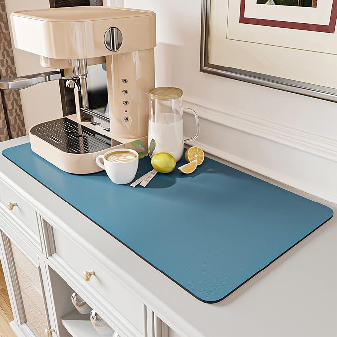 AMOAMI-Coffee Mat Hide Stain Rubber Backed Absorbent Dish Drying Mat for Kitchen Counter-Coffee Bar Accessories Fit Under Maker Machine Pot Espresso Machine Dish Rack Blue