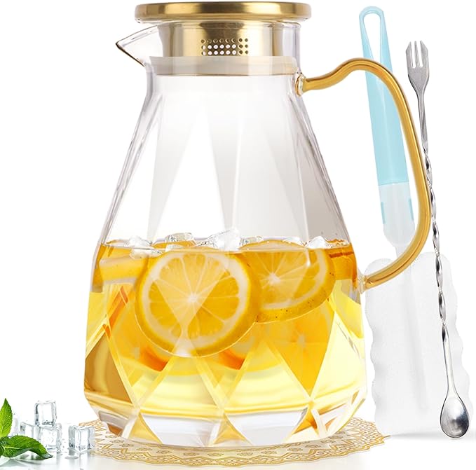Yirilan 2.8 Liter Glass Pitcher with Lid, Transparent, Thermal Shock Resistant, Microwave Safe, Natural, 2.8L, Round, 6x12 Inches