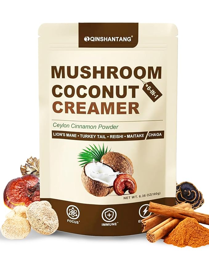 Mushroom Coconut Creamer, Natural Creamer for Coffee, 5 Mushrooms Extract |Lion's Mane, Turkey Tail, Reishi, Maitake, Chaga and Ceylon Cinnamon | Boosts Focus, Immunity and Energy | 6.35oz