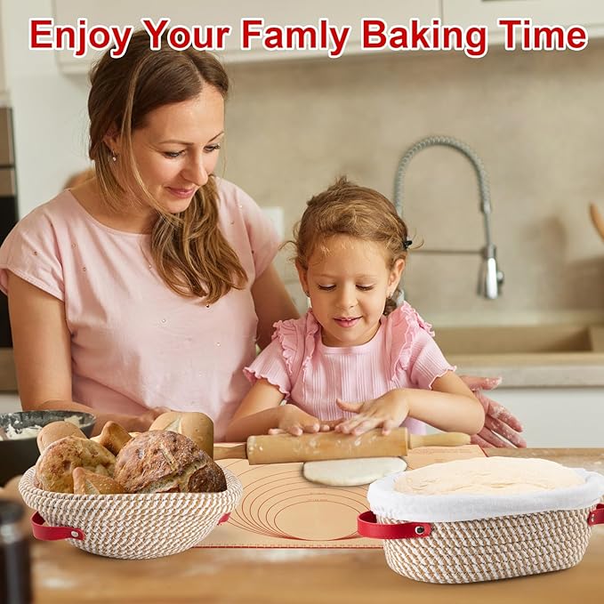 Banneton Bread Proofing Basket & Silicone Baking Mat Set, Oval & Round Sourdough Bread Baking Supplies Proofing Bowls with Liner & Cover Cotton Rope Sourdough Banneton Basket for Bread Making (Khaki)
