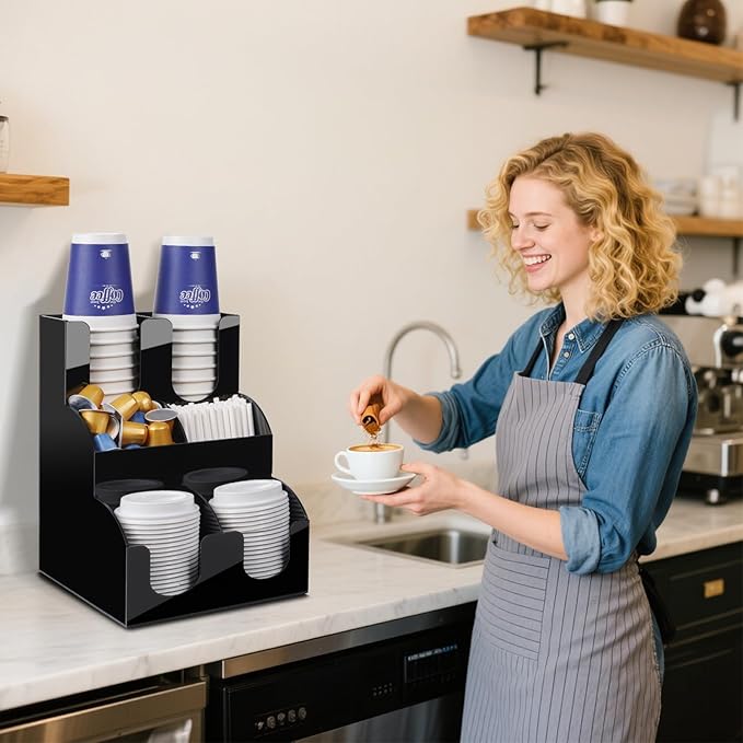 MYITYARD Coffee Station Organizer, Coffee Cup Holder for Countertop, Cup and Lid Dispenser with 6 Compartment, Cup and Condiment Station for Home, Kitchen, Office and Breakroom