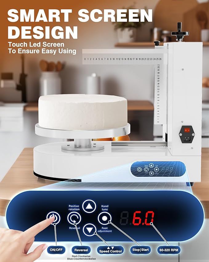 PYY Cake Decorating Machine - Automatic Cake Cream Spreading Machine for 4" to 14" Cake Icing Machine 60-320 RPM with Graduated Scrapers Electric Cake Turntable for Cake Frosting Machine White