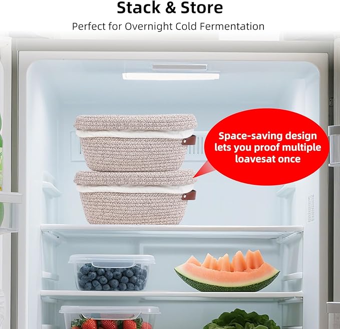 Stackable Cotton Banneton Proofing Basket Set, With Pro Sourdough Aliquot Jar for Rise Tracking – 2-Pack Bread Baskets (Round + Oval), Sourdough Baking Kit for Home Bakers