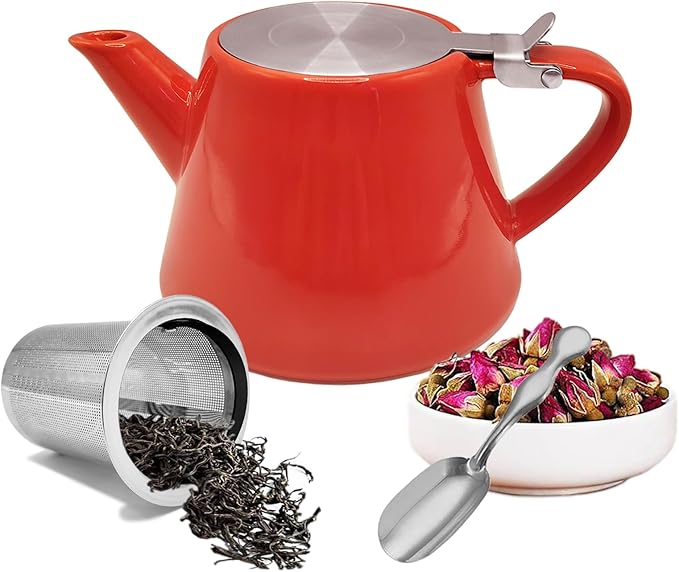 Ceramic teapot, 19oz Tea pot for loose leaf tea, Tea infuser pot with Removable 18/8 Stainless Steel Infuser and teaspoon, Suitable for 1-2 people to brew tea or coffee (pink)