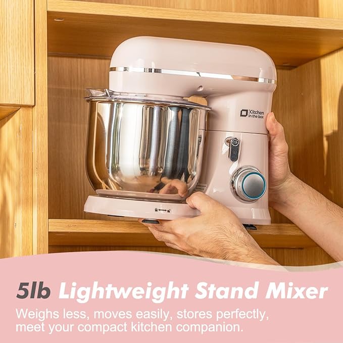 Kitchen in the Box Stand Mixer, 3.5 QT Small Electric Kitchen Mixer, 10-Speed Portable Lightweight Food Mixer with Stainless Steel Bowl, Egg Whisk, Dough Hook, Beater (Light Pink)