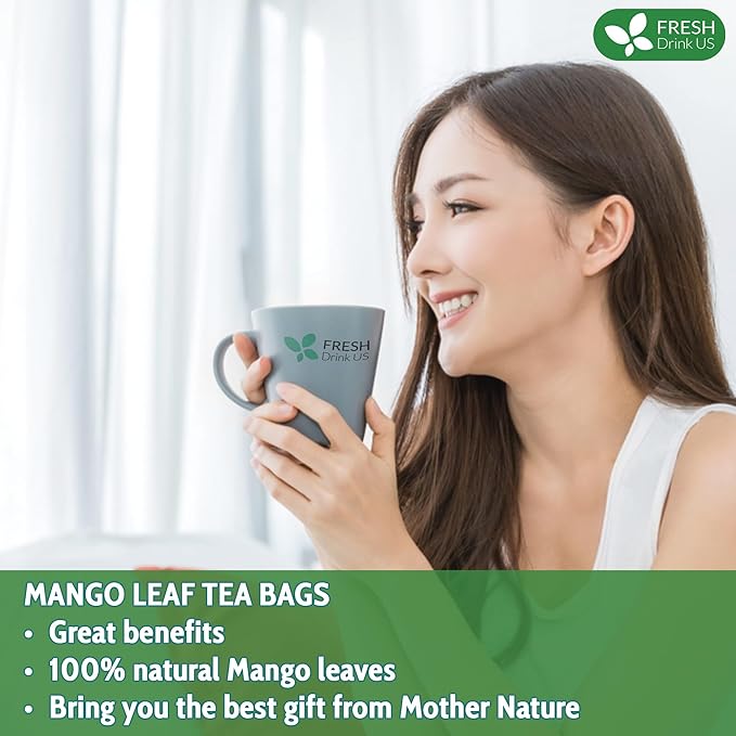FreshDrinkUS Premium 60 Mango Leaf Tea Bags, 100% Natural & Pure. Loose Leaf Herbal Tea. No Sugar, No Caffeine, No Gluten, Vegan