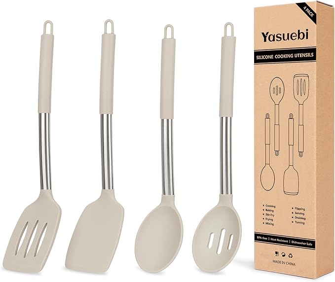 Kitchen Utensils Set of 4 Pack,Silicone Kitchen Utensils Set for Nonstick Cookware,Perfect for Baking and Mixing,Spatula Set BPA Free,Dishwasher Safe,Khaki