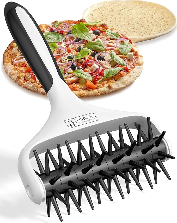 Orblue Pizza Dough Docker Pastry Roller with Spikes, Pizza Docking Tool for Home & Commercial Kitchen - Pizza Making Accessories that Prevent Dough from Blistering, Black