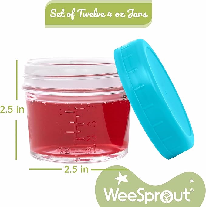 WeeSprout Baby Food Storage Glass Jars w/Lids (4 oz, 24 Pack) Matte Variety, Snack, Reusable Small Containers, Fridge or Freezer, Microwave & Dishwasher Safe, Essentials for Infants