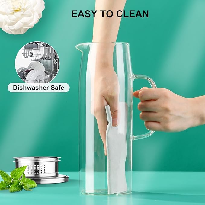 PARACITY Glass Pitcher with Lid and Spout 50oz/ 1.5L, Hot/Cold Water Pitcher, Iced Tea Pitcher for the Shelf of Fridge, Easy to Clean, High Borosilicate Glass Pitcher for Lemonde, Juice and Milk