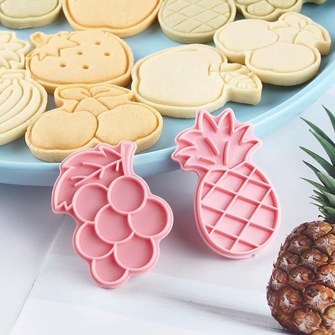 8Pcs Fruit Cookie Cutters Set 3D Plastic Biscuits Mold for Baking, DIY Cake Decor Grape, Banana, Strawberry, Apple Shape Cookie Molds for Party (I8)