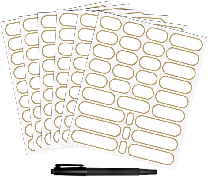 192pcs Removable Bottle Labels Waterproof Self-Adhesive Kitchen Home Edit Food Label Stickers with Gold Border for Food Containers Mason Jars Storage Bins Daycare Organization,with Marker Pen
