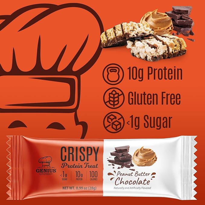 Genius Gourmet Crispy Protein Treat, Chocolate Peanut Butter, Keto Snack, Low Carb, Low Sugar & Gluten Free, Protein Snacks for Adults, 10G of Whey Protein per Protein Bar, 5 Net Carbs, 10 CT