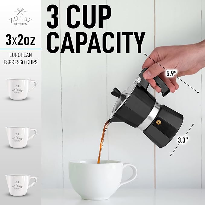 Zulay Classic Stovetop Espresso Maker for Great Flavored Strong Espresso, Classic Italian Style 3 Espresso Cup Moka Pot, Makes Delicious Coffee, Easy to Operate & Quick Cleanup Pot (Black)