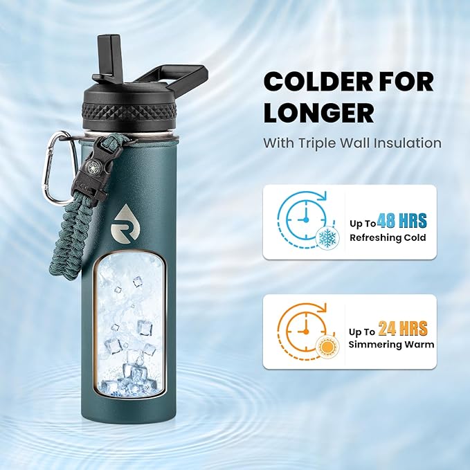 Insulated Water Bottle 20 oz, Triple Wall Vacuum Stainless Steel (Cold for 48 Hrs), Leak Proof & Non-BPA, Kids Water Bottle Jug for School with Straw Spout Lids, Dark Green
