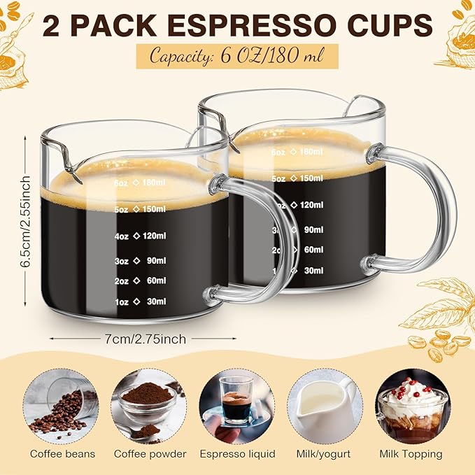 Patelai Espresso Cups Set of 2, 180ml/6oz Coffee Cups with Double Spouts & Handle, Scales Espresso Shot Glass for Espresso Machines, Milk Frothing, and Coffee Bars Accessories