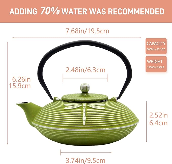 Cast Iron Teapot,SECHUDO Tea Kettle Coated with Enameled Interior for Loose Tea,Cast Iron Teapot with Stainless Steel Infuser for Stovetop Safe (27.1oz Flat Dragonfly Pattern)