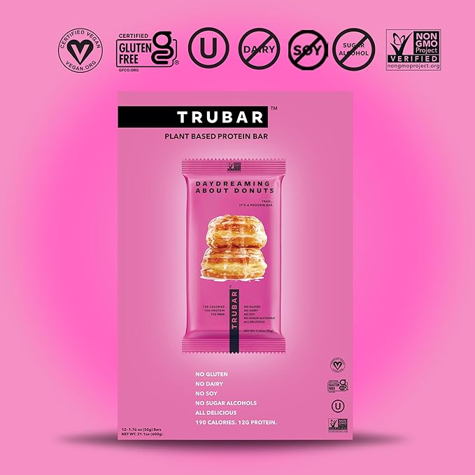 TRUBAR Vegan Protein Bar, Daydreaming About Donuts, Gluten Free, Plant Based, High Fiber, Dairy Free, Non GMO, Low Fat, No Sugar Alcohols, 12G Lean Protein, 13G Fiber, Healthy Snack Bars, 12 CT