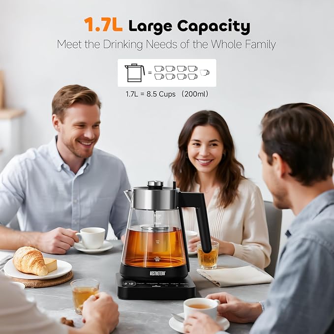Electric Tea Kettle with Infuser 1.7L Glass Electric Kettle with Temperature Control Automatic Shut Off 12H Keep Warm for Tea Coffee Water Heater, Black
