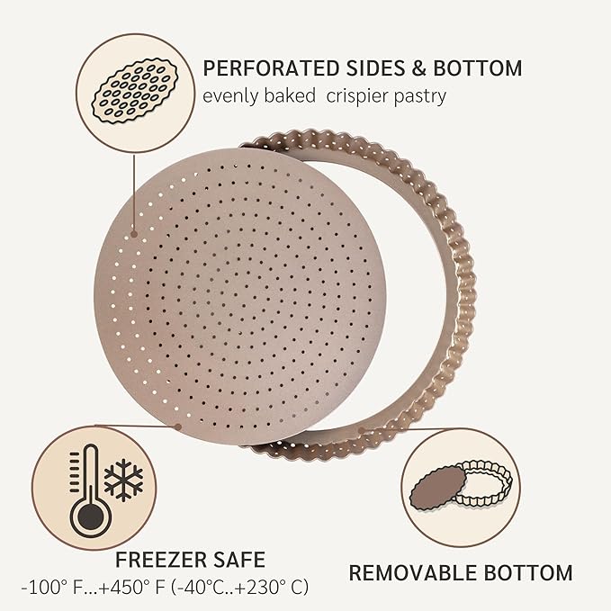 Nonstick 9 Inch Tart Pan with Removable Bottom | PFOA & BPA Free Non Toxic Fluted Pie & Quiche Tin | Best Perforated Non Stick Nontoxic 9in Molds with Holes for Baking