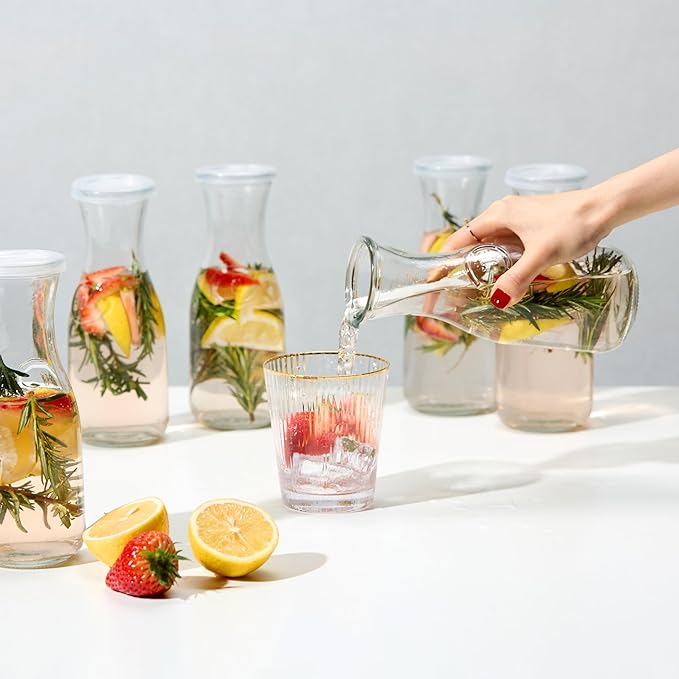 Glass Carafe Pitchers, by Kook, Mini Carafes- set of 6, Beverage Dispensers, Clear Jugs For Mimosas, Water, Wine, Milk and Juice, with Plastic Lids, Dishwasher Safe 17.3 oz