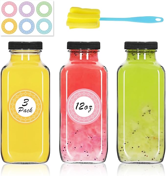 3 Pack 12oz Glass Water Bottles, 350ml Empty Glass Juice Bottles with Black Lids, Brush & Labels, Clear Reusable Drinking Jars for Juicing, Homemade Smoothies, Beverages