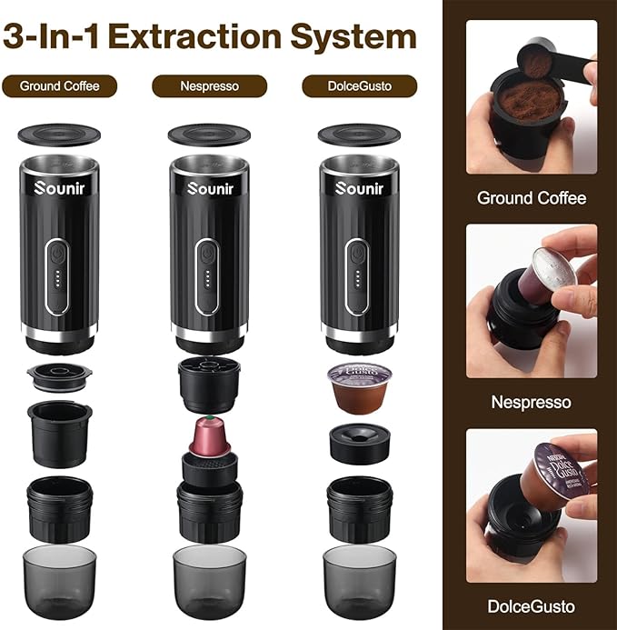 Portable Espresso Machine, Travel Coffee Maker for Camping, Outdoor, Office, Self Heating Type C Charger, NS Capsule & Ground Coffee, For Travel, Outdoor, Hiking, Office,(Dark Grey)